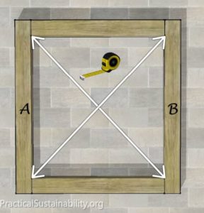 Step 2: Measure diagonally both ways, as shown. Move ‘B’ up or down, until your diagonal measurements are equal. Even if you timbers are not cut perfectly to length, this will get them as close to square as humanly possible.